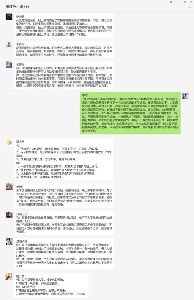 “线上教学利与弊”讨论活动截屏